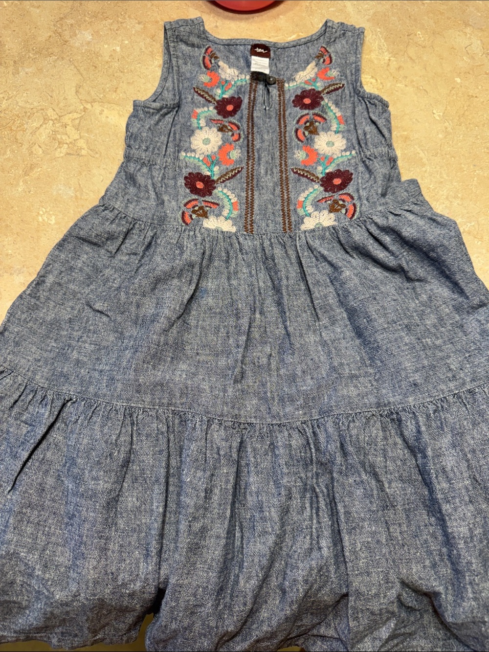 Tea Collection Girls' Blue Chambray Embroidered Sleeveless Dress